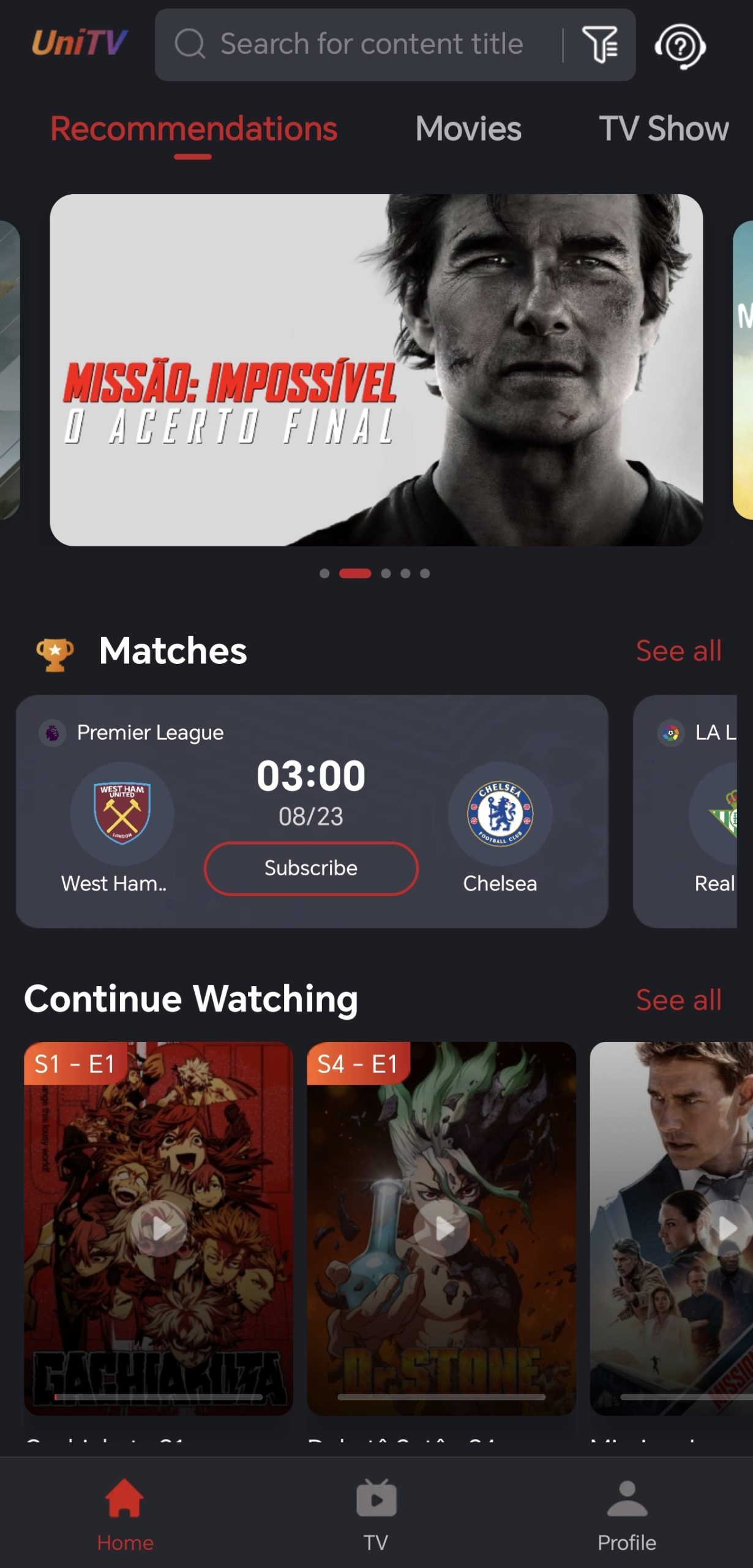UniTV App - Interface Principal